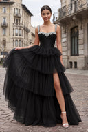 Black A Line Off the Shoulder Tulle Long Prom Dresses with Beading | KISSPROM