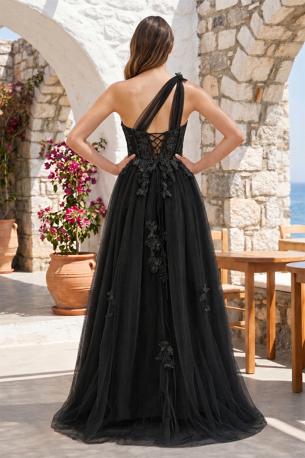 A Line One Shoulder Black Long Prom Dress with Appliques – Prom Dress by KissProm | Available at KissProm