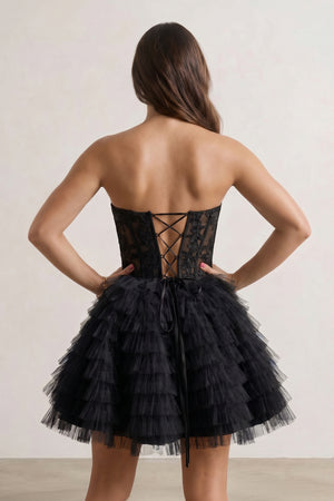 Black A-Line Ruffled Strapless Corset Short Homecoming Dress | KISSPROM