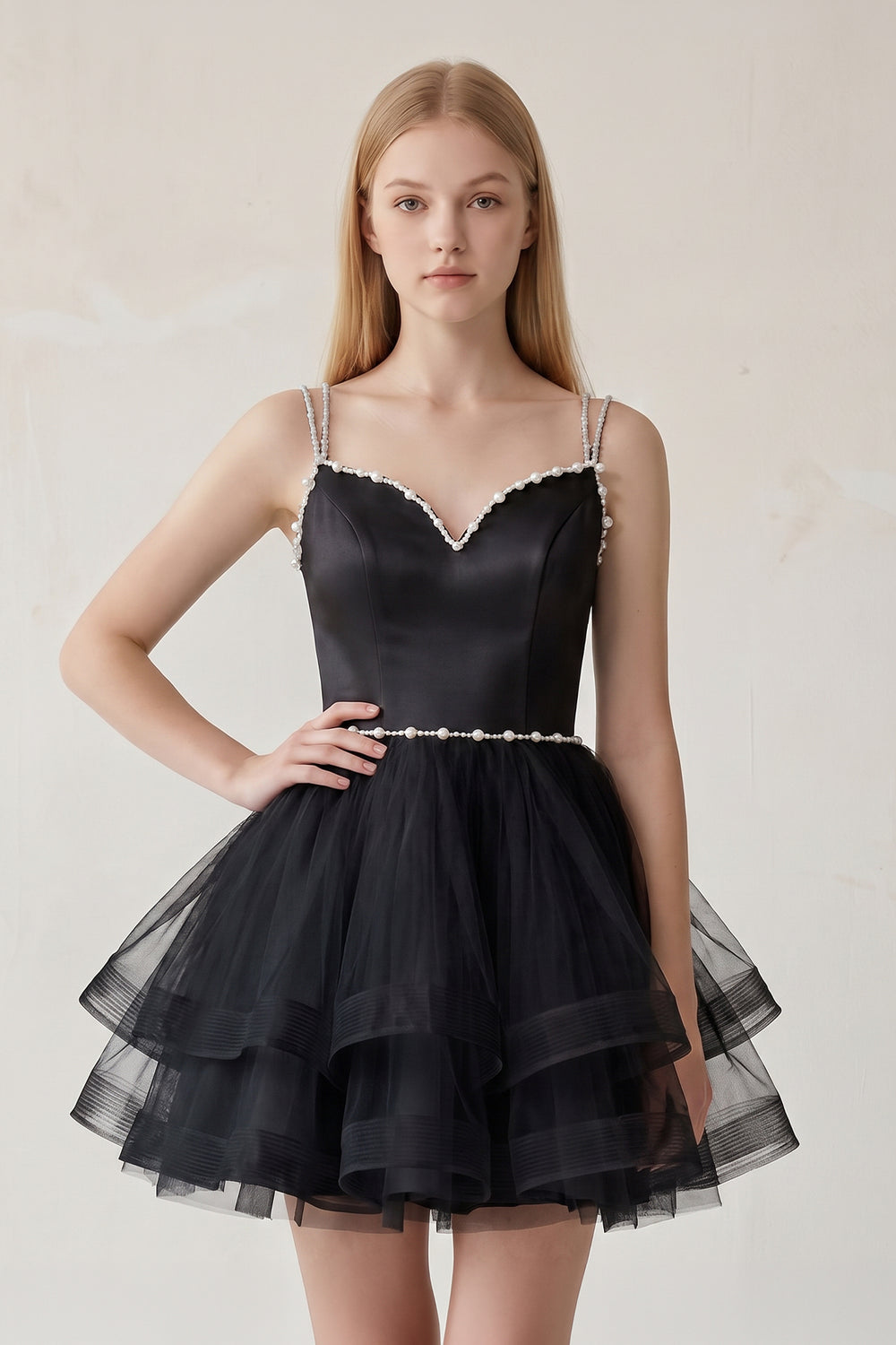 Black A-line Spaghetti Straps Tulle Short Homecoming Dresses | KISSPROM