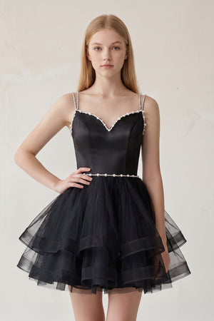 Black A-line Spaghetti Straps Tulle Short Homecoming Dresses | KISSPROM