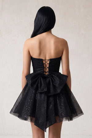 Black A Line Strapless Glitter Tulle Ruffled Homecoming Dresses with Bow (2) | KISSPROM