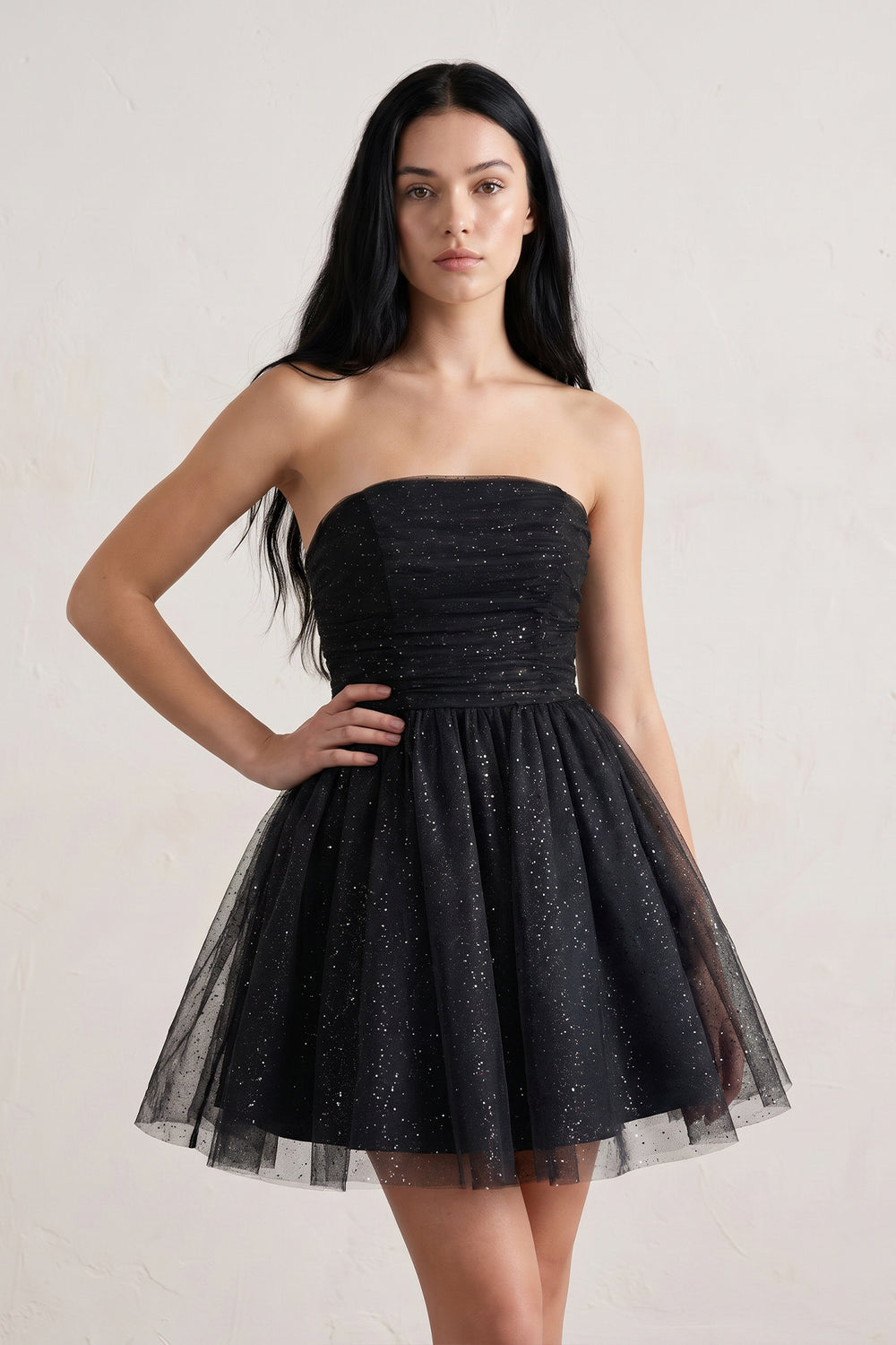 Black A Line Strapless Glitter Tulle Ruffled Homecoming Dresses with Bow | KISSPROM