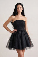 Black A Line Strapless Glitter Tulle Ruffled Homecoming Dresses with Bow | KISSPROM