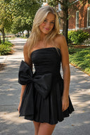 Black A-Line Strapless Pleated Homecoming Dress with Bow | KISSPROM