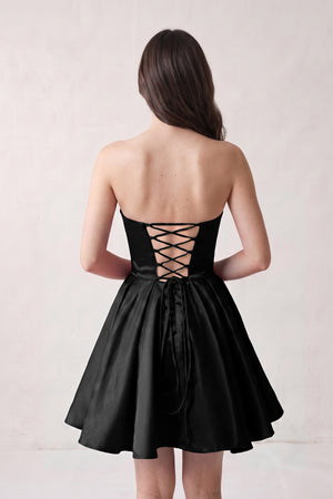 Black A Line Strapless Satin Homecoming Dress (2) | KISSPROM