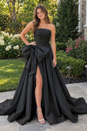 Black A-line Strapless Taffeta Long Prom Dress With Slit | KISSPROM