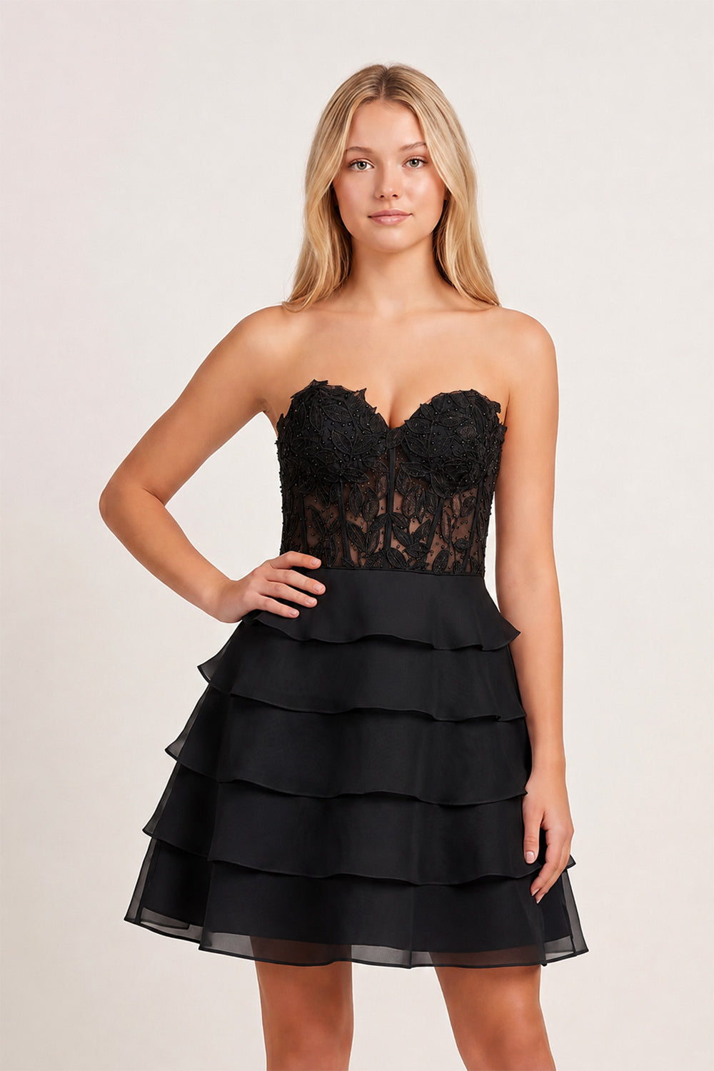 Black A-Line Strapless Tiered Corset Short Homecoming Dress with Appliques - KISSPROM