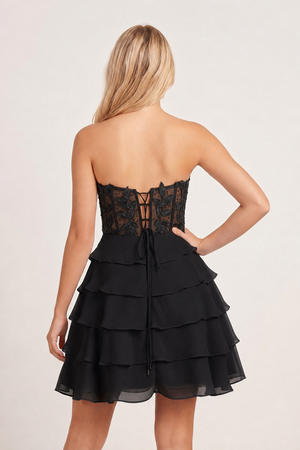 Black A-Line Strapless Tiered Corset Short Homecoming Dress with Appliques - KISSPROM