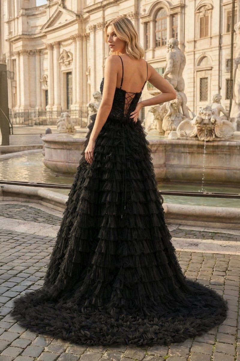 A-Line Tiered Sequins Tulle Long Prom Dress, Black / 10 A-Line Tiered Sequins Tulle Long Prom Dress, Black / 10