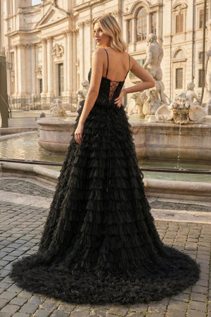 KissProm- Black A-Line Tiered Sequins Tulle Long Prom Dress