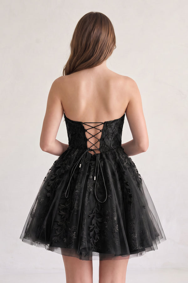 Black A-line Sweetheart Appliques Lace Homecoming Dress With Corset Back (2) | KISSPROM