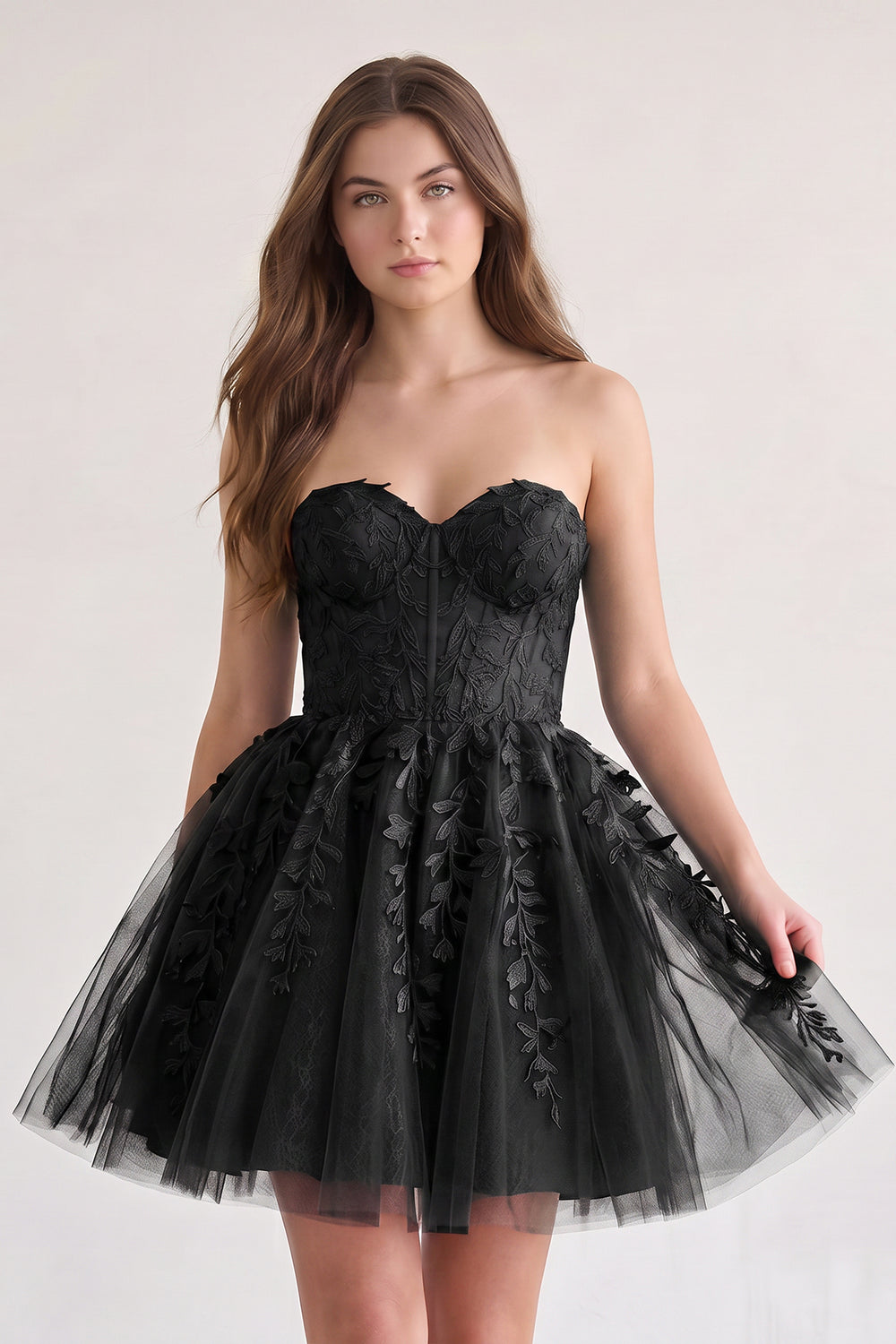 Black A-line Sweetheart Appliques Lace Homecoming Dress With Corset Back | KISSPROM