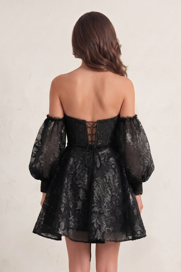 Black A Line Sweetheart Corset Homecoming Dress with Sleeves (2) | KISSPROM