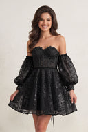 Black A Line Sweetheart Corset Homecoming Dress with Sleeves | KISSPROM