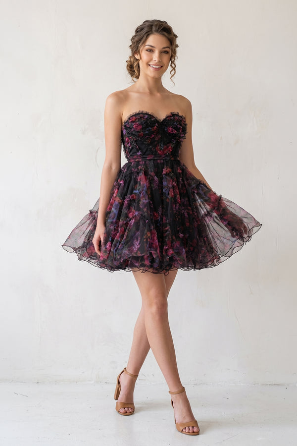 Black A Line Sweetheart Floral Homecoming Dress (2) | KISSPROM