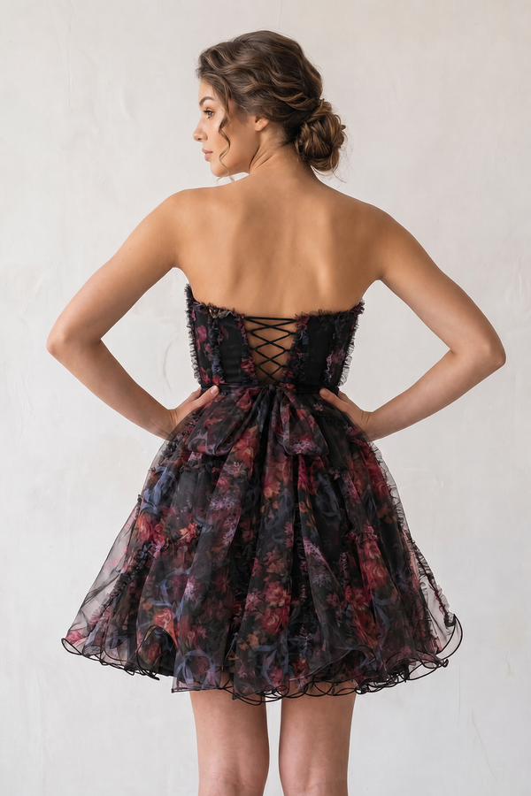 Black A Line Sweetheart Floral Homecoming Dress (3) | KISSPROM