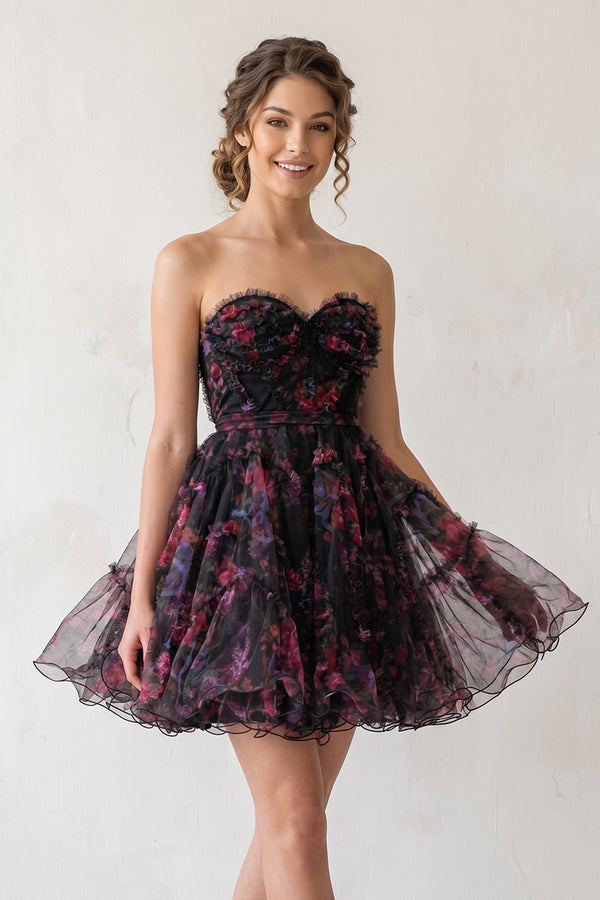 Black A Line Sweetheart Floral Homecoming Dress | KISSPROM
