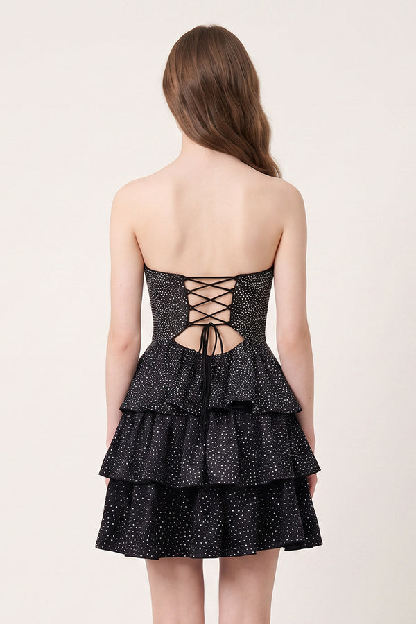 Black A Line Sweetheart Satin Cut Out Ruffled Homecoming Dresses with Beads (2) | KISSPROM