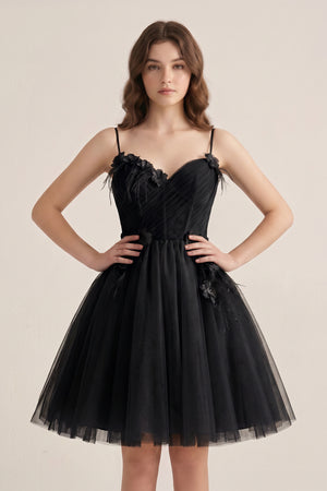Black A Line Sweetheart Spaghetti Straps Tulle Short Homecoming Dresses | KISSPROM