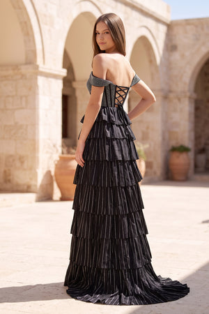 Black A Line Off-the-Shoulder Satin Tiered Long Prom Dresses With Beads - KISSPROM
