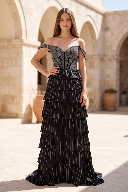 Black A Line Off-the-Shoulder Satin Tiered Long Prom Dresses With Beads - KISSPROM