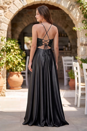 Black A-Line V-Neck Satin Prom Dress with Slit (2) | KISSPROM