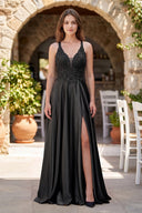 Black A-Line V-Neck Satin Prom Dress with Slit | KISSPROM