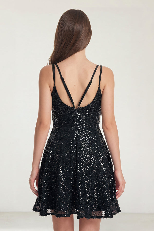 Black A Line V Neck Sequined Mini Party Dress (2) | KISSPROM