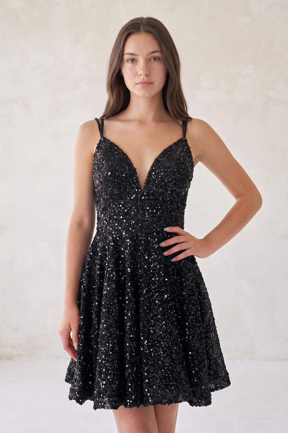 Black A Line V Neck Sequined Short Homecoming Dresses | KISSPROM