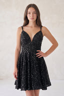 Black A Line V Neck Sequined Short Homecoming Dresses | KISSPROM