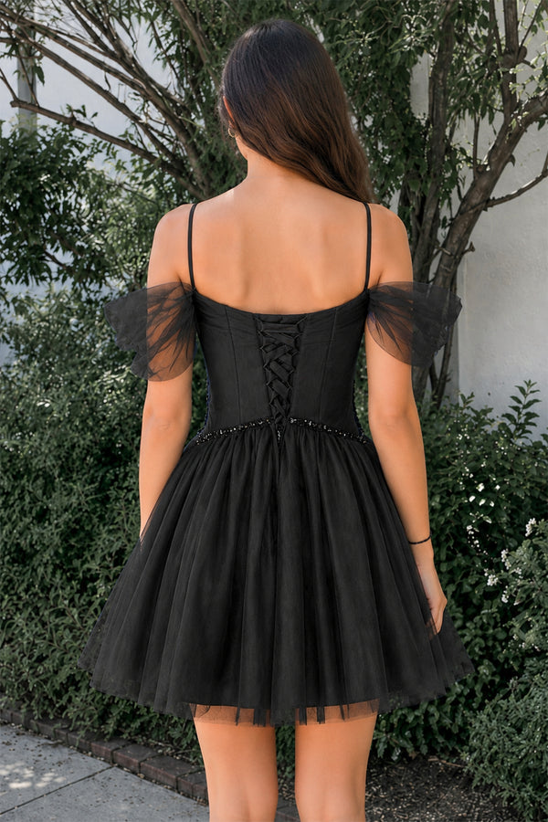 Black A-line V Neck Tulle Homecoming Dresses | KISSPROM