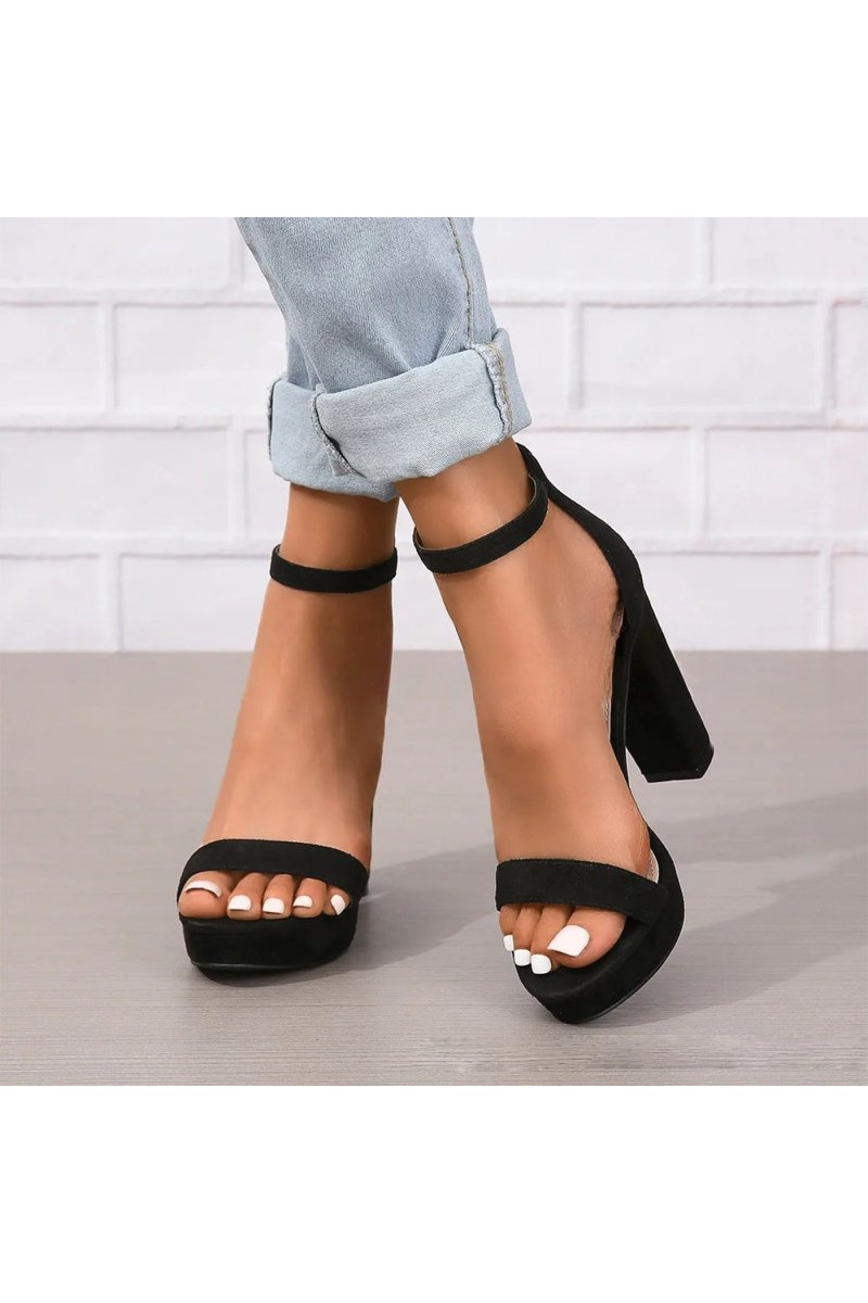 Champagne Ankle Buckle Open Toe Chunky Heels - KissProm