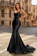 Black Appliqued Mermaid Spaghetti Straps Long Formal Dress | KISSPROM