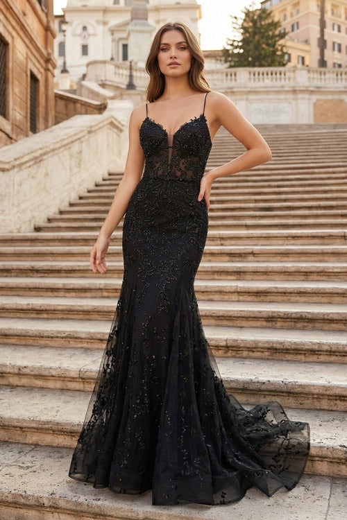 Black Appliques Plunge V Lace - Up Trumpet Prom Gown - KissProm