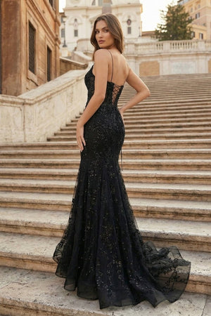 Black Appliques Plunge V Lace - Up Trumpet Prom Gown - KissProm