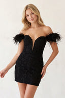 Black Tight Appliques Plunge V-Neck Lace Short Homecoming Dress with Feathers - KissProm