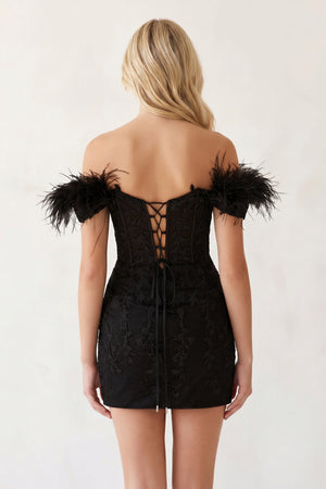 Black Tight Appliques Plunge V-Neck Lace Short Homecoming Dress with Feathers - KissProm