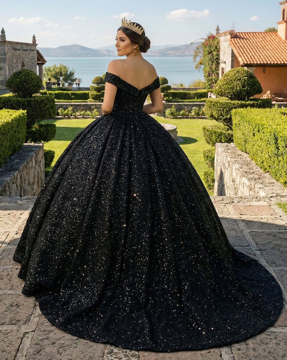 KissProm Quinceanera Dress Black Ball Gown Quinceanera Dresses Off Shoulder, Black / 0
