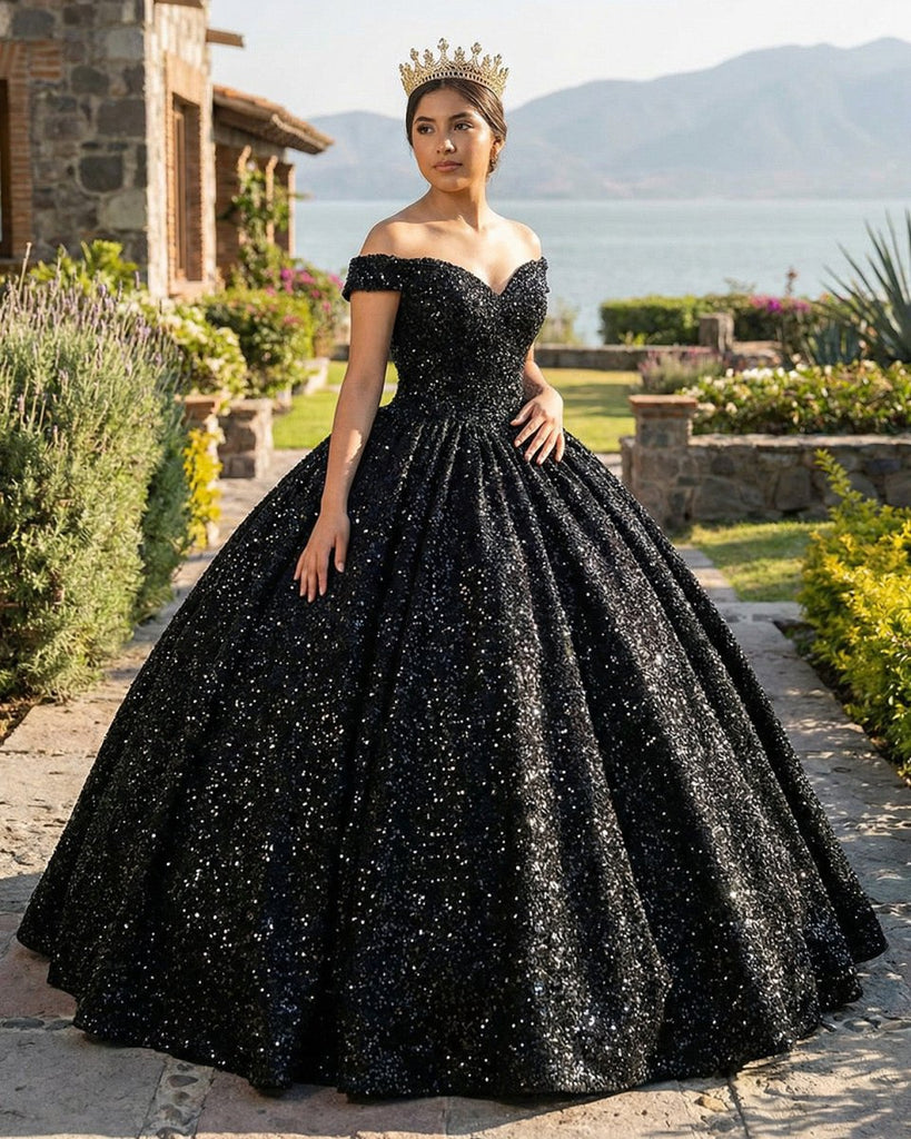 black dresses for quinceanera LuxeEspy Sweetheart Gold and with Cape Puffy Tulle Ball Gown Appliques Sweet 16 Dresses Shiny Beaded 15 Dress Quince 2 at Amazon Women's Clothing store Tulle Fabric Color Black Quinceañera Dresses | Princesa