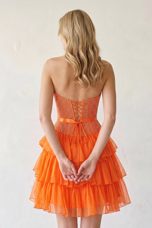 Orange Beaded Corset Strapless Ruffled A-Line Homecoming Dress (2) | KISSPROM