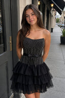Black Beaded Corset Strapless Ruffled A-Line Homecoming Dress | KISSPROM