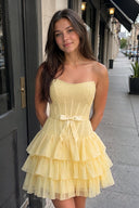 Yellow Beaded Corset Strapless Ruffled A-Line Homecoming Dress | KISSPROM
