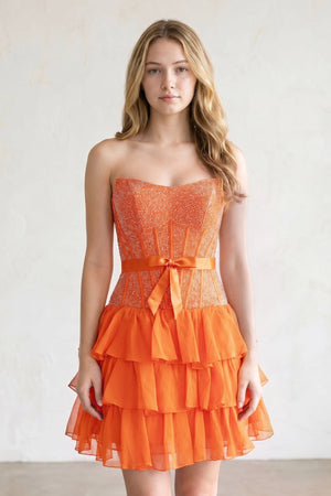 Orange Beaded Corset Strapless Ruffled A-Line Homecoming Dress | KISSPROM