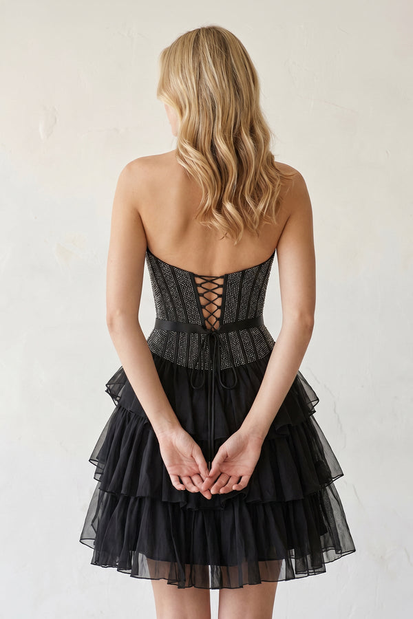 Black Beaded Corset Strapless Ruffled A-Line Homecoming Dress – Homecoming Dress by KissProm | Available at KissProm