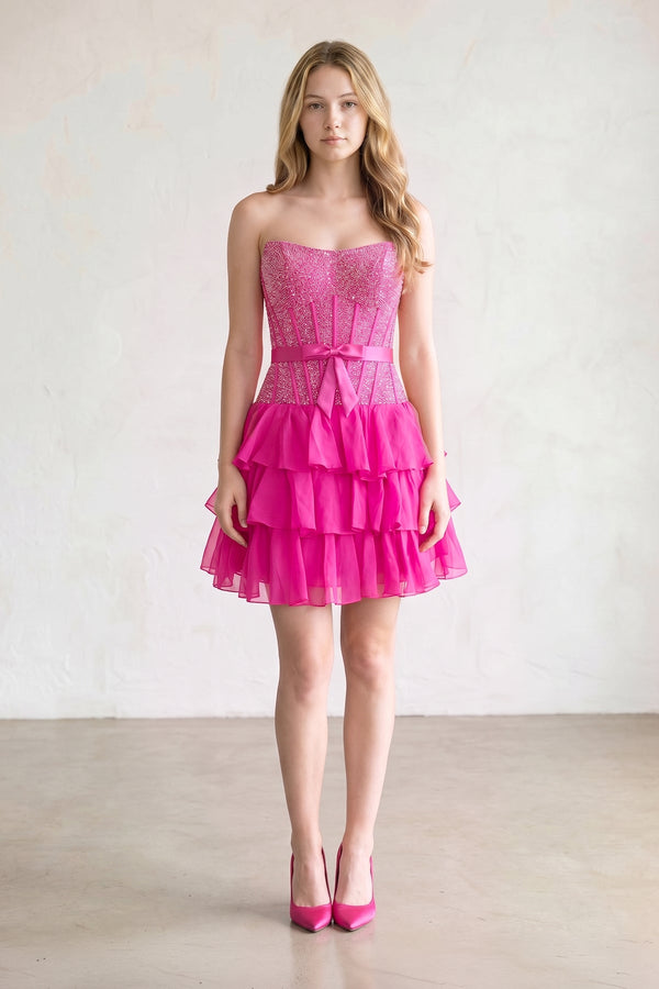 Fuchsia Beaded Corset Strapless Ruffled A-Line Homecoming Dress (3) | KISSPROM