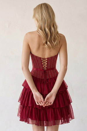 Burgundy Beaded Corset Strapless Ruffled A-Line Homecoming Dress - KISSPROM