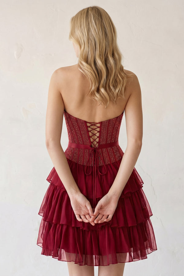 Burgundy Beaded Corset Strapless Ruffled A-Line Homecoming Dress - KISSPROM