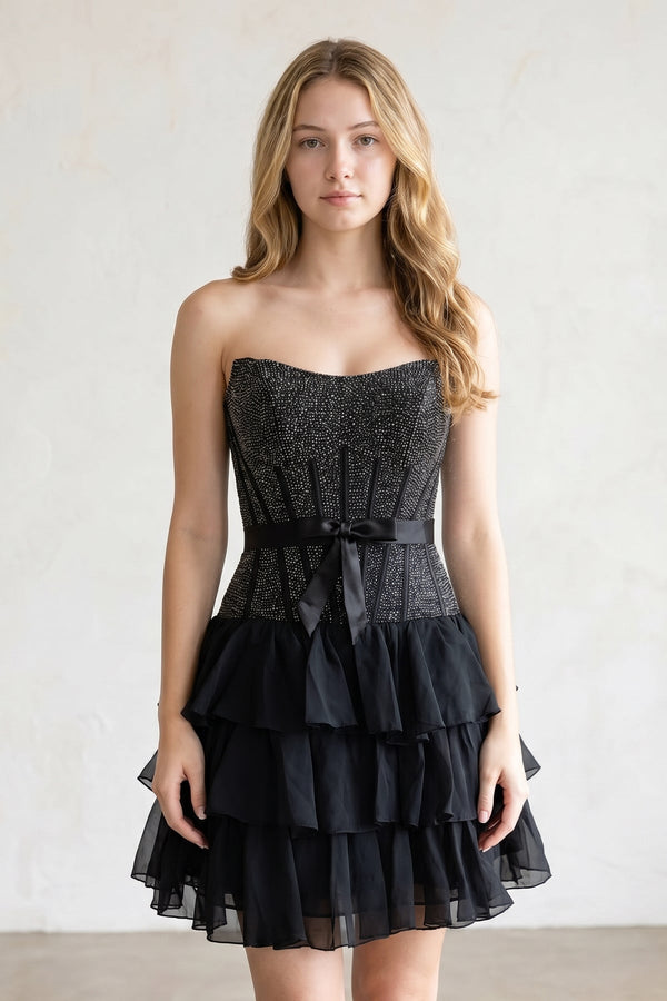 Black Beaded Corset Strapless Ruffled A-Line Homecoming Dress – Homecoming Dress by KissProm | Available at KissProm