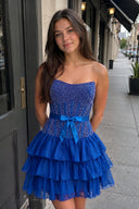 Royal Blue Beaded Corset Strapless Ruffled A-Line Homecoming Dress | KISSPROM